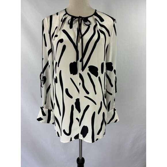 Diane Von Furstenberg Silk Blouse Tunic Top White Black Print 2 Silk Bows - Picture 16 of 16
